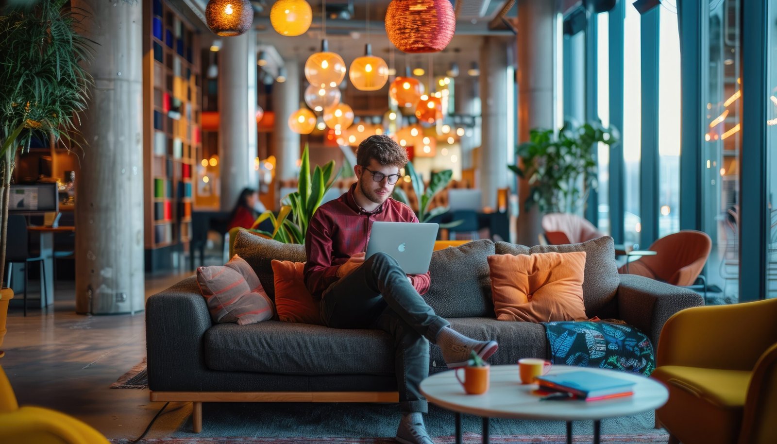 Interior with orange chair and plants in a modern office, ideal for a bright and productive workspace AIG58