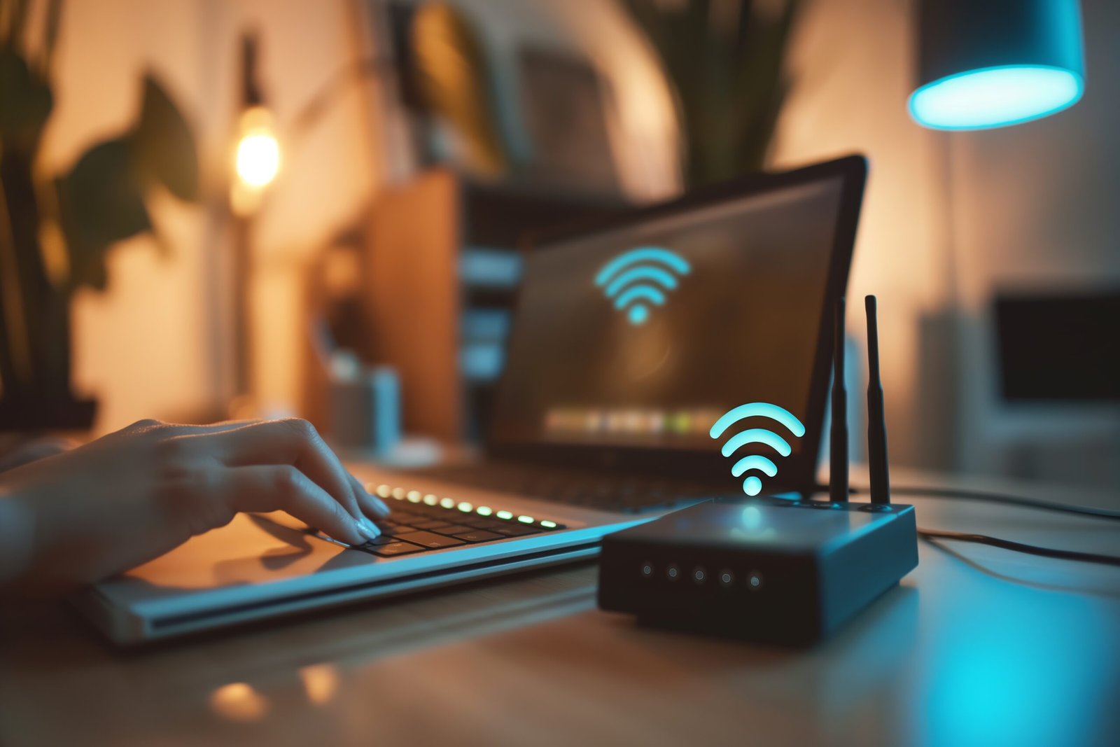 Wi-Fi router with glowing signal icon near a laptop